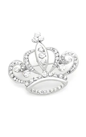 06621 Silver W/Clear Crystal Stone Lined Crown Brooch