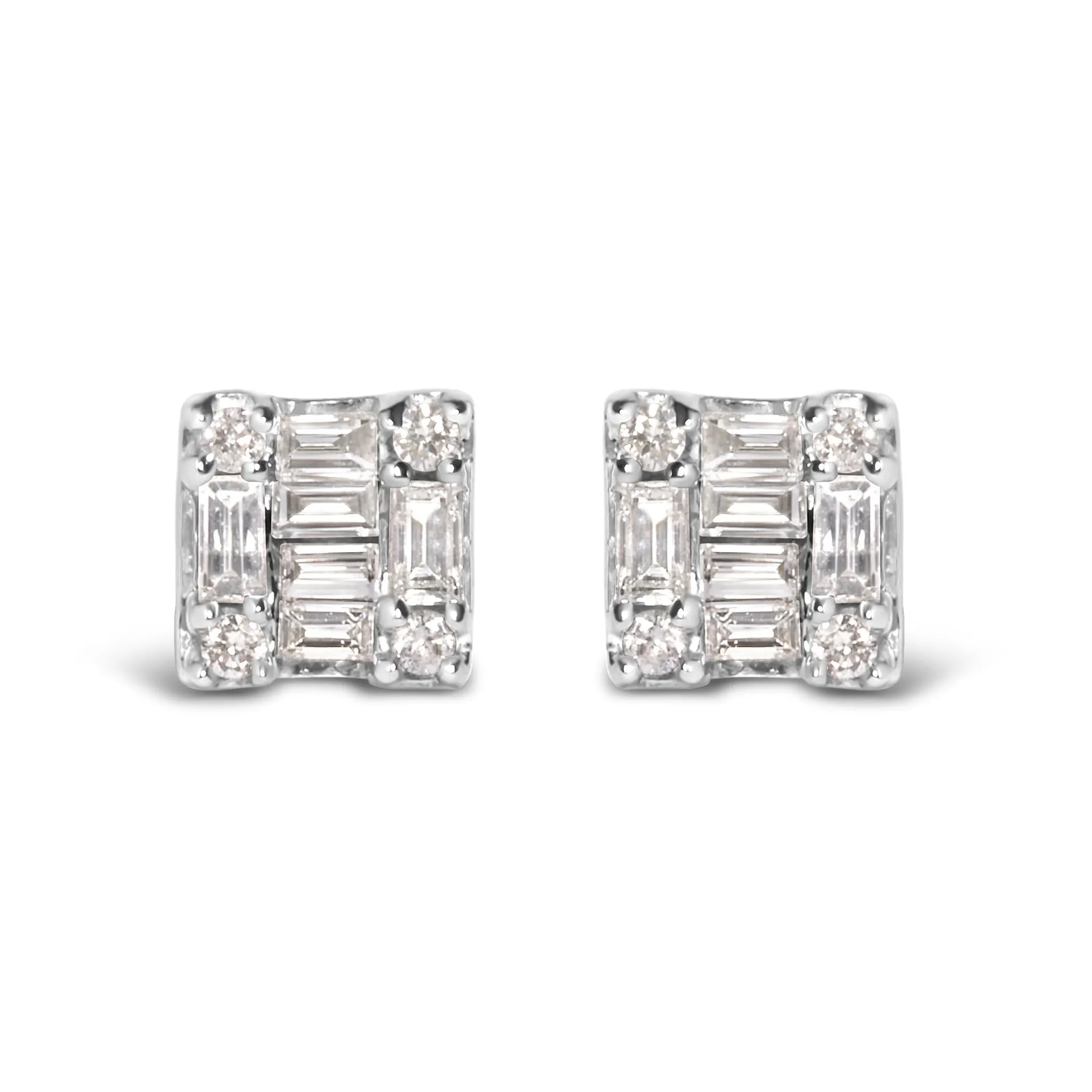 10K White Gold 1/7 Cttw Round and Baguette Diamond Mosaic Square Stud Earrings (H-I Color, I1-I2 Clarity)