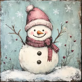 10" x 10" Snowman with Pink Accessories Sign TTE-088