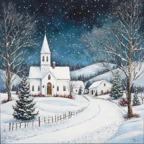 10" x 10" White Winter Church with Falling Snow Sign TTE-007