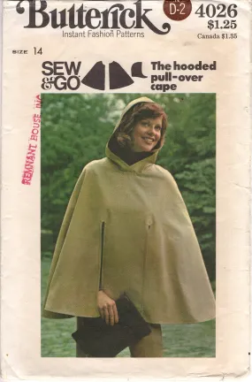 1960's Butterick Sew & Go Hooded Cape Pattern - Bust 36" - No. 4026