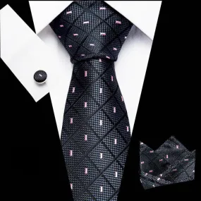 3Pcs Men's Black & Pink Check & Dots Necktie Set