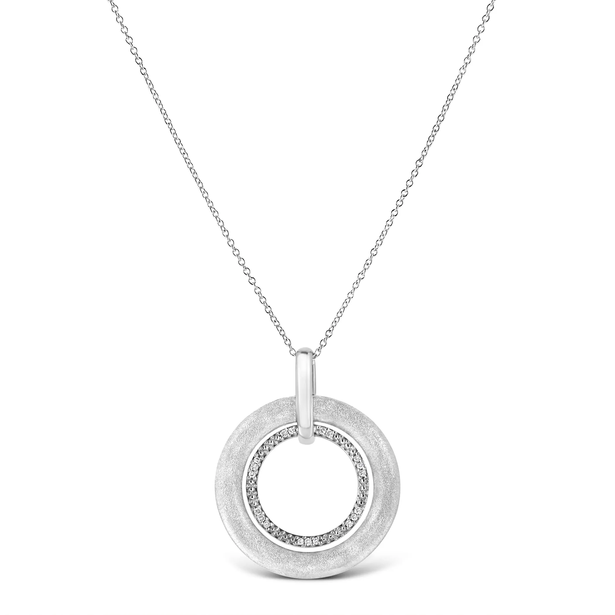 .925 Sterling Silver Prong-Set Diamond Accent Satin Finished Double Circle 18" Pendant Necklace (I-J Color, I1-I2 Clarity)