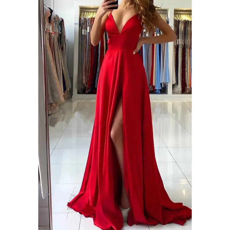 A-line Deep V-neck High Split Red Long Formal Dress