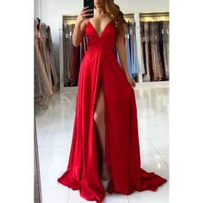 A-line Deep V-neck High Split Red Long Formal Dress