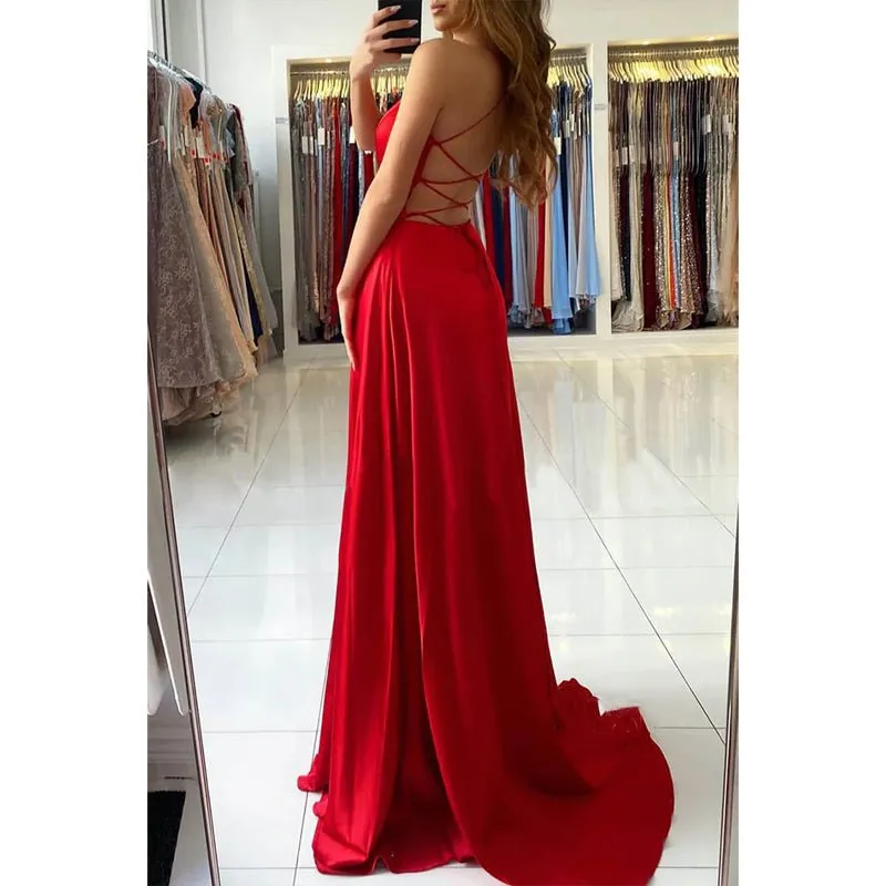 A-line Deep V-neck High Split Red Long Formal Dress