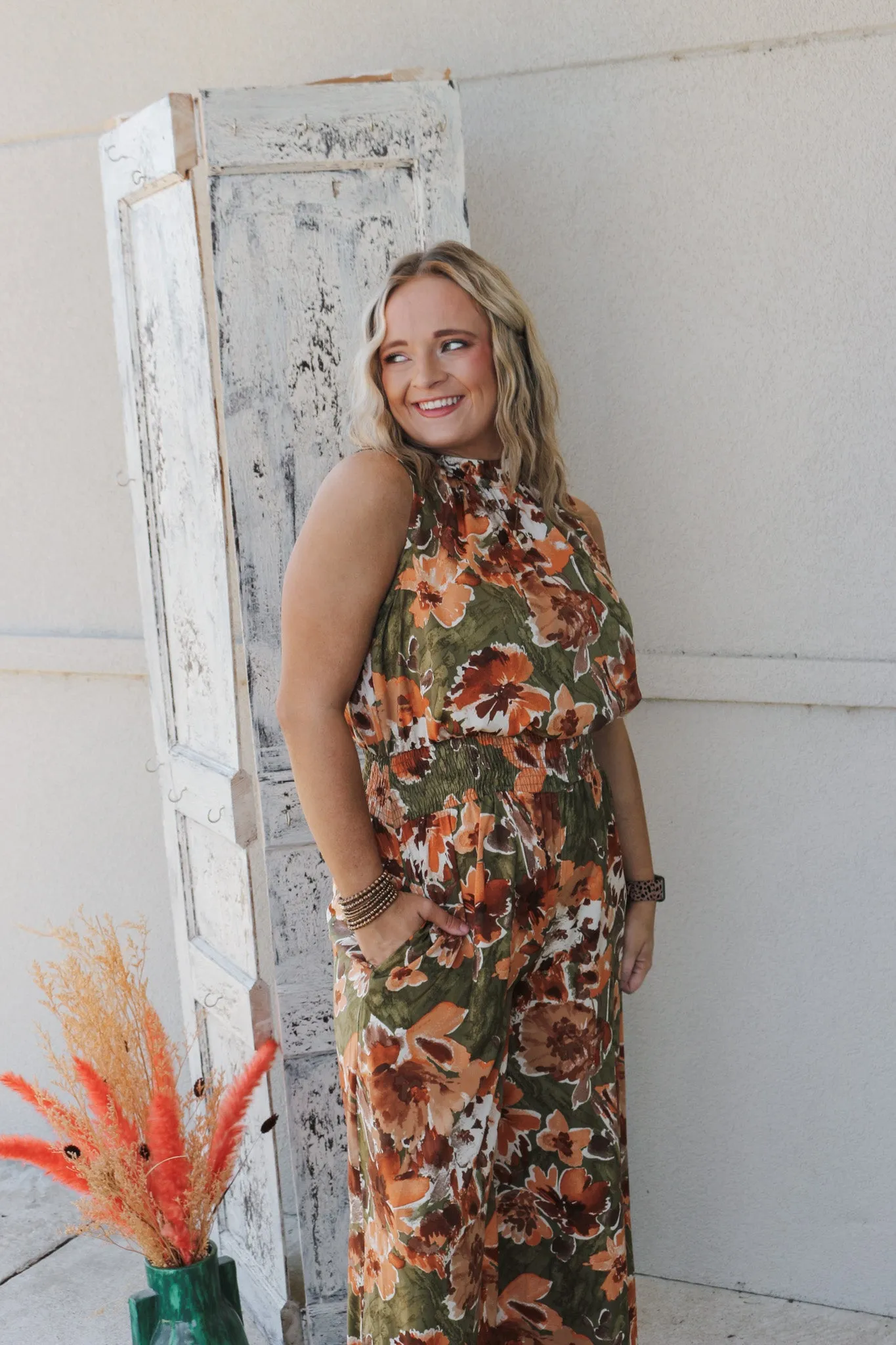 A Touch Of Fall Olive Brown Floral Jumpsuit