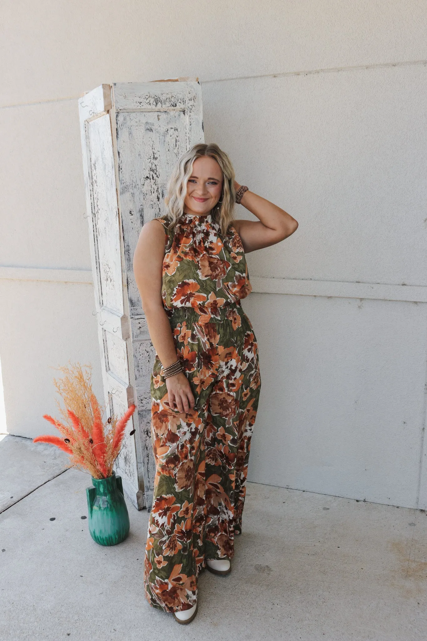 A Touch Of Fall Olive Brown Floral Jumpsuit