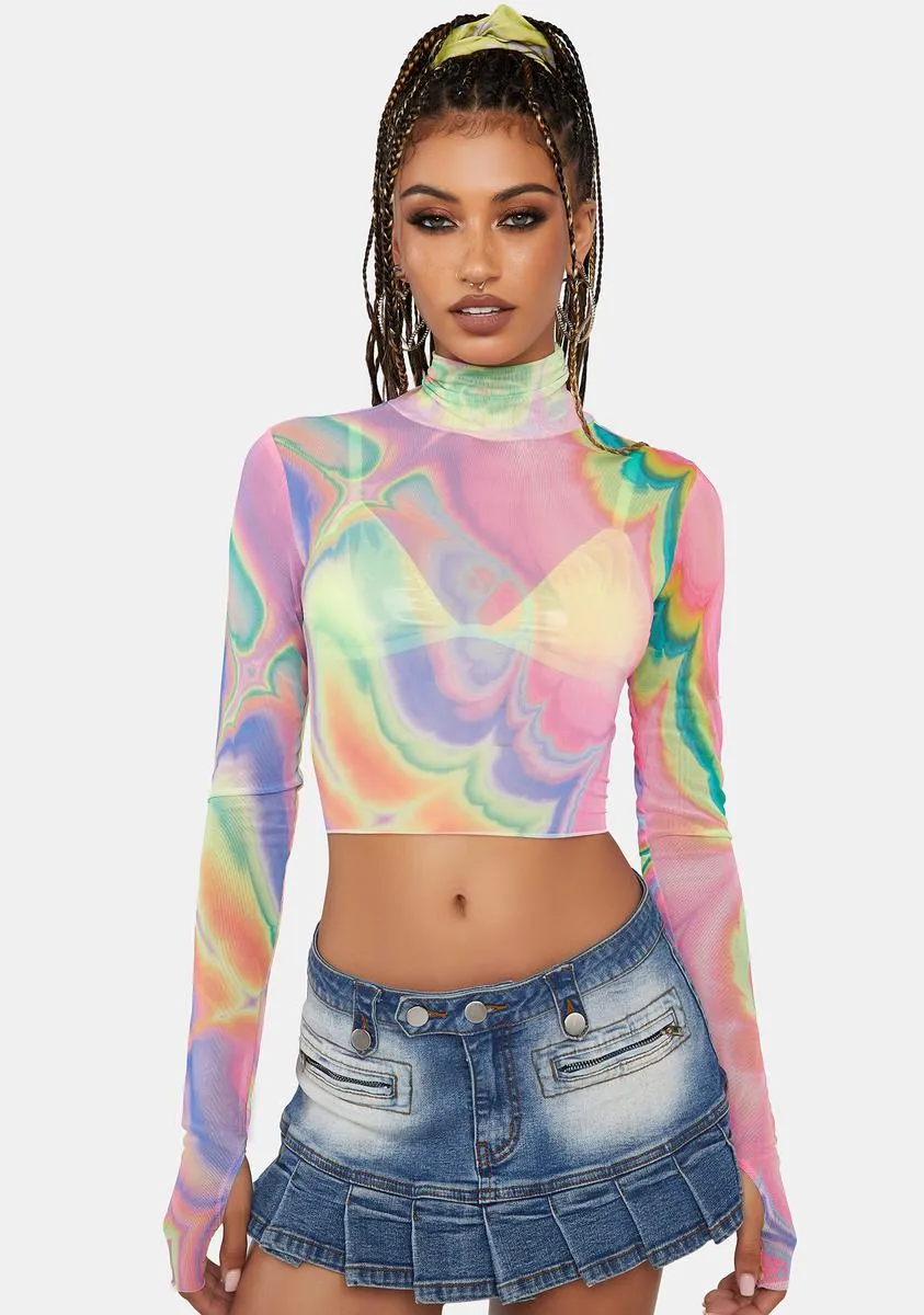 Abstract Multi Marble Micaela Long Sleeve Mesh Top