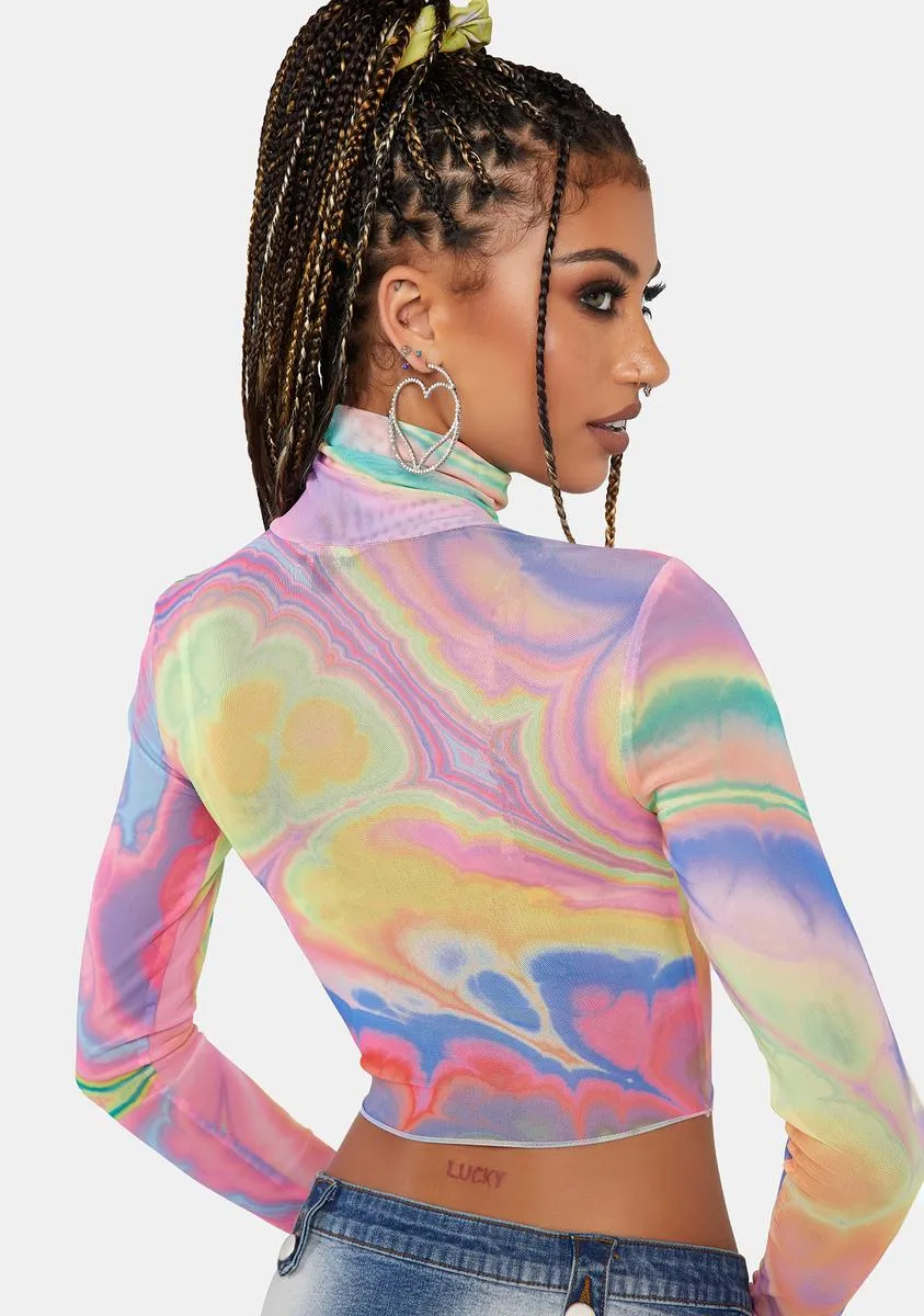 Abstract Multi Marble Micaela Long Sleeve Mesh Top