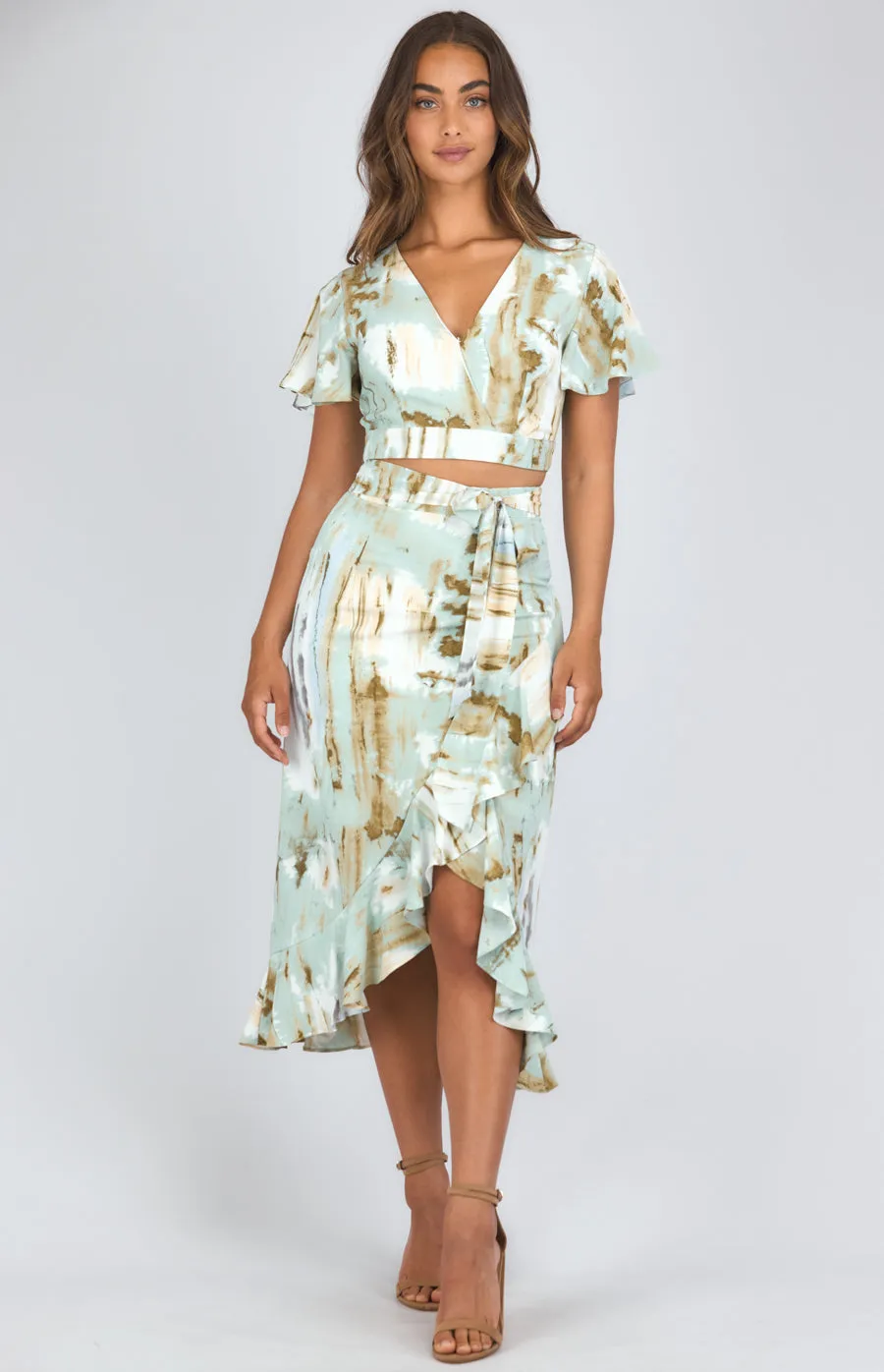 Abstract Printed Set With Wrap Top And Waterfall Hem Skirt