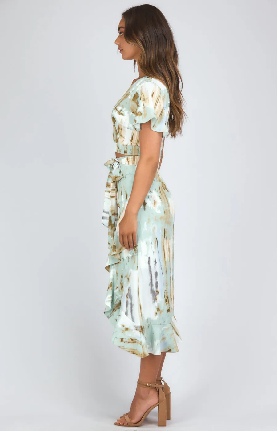 Abstract Printed Set With Wrap Top And Waterfall Hem Skirt