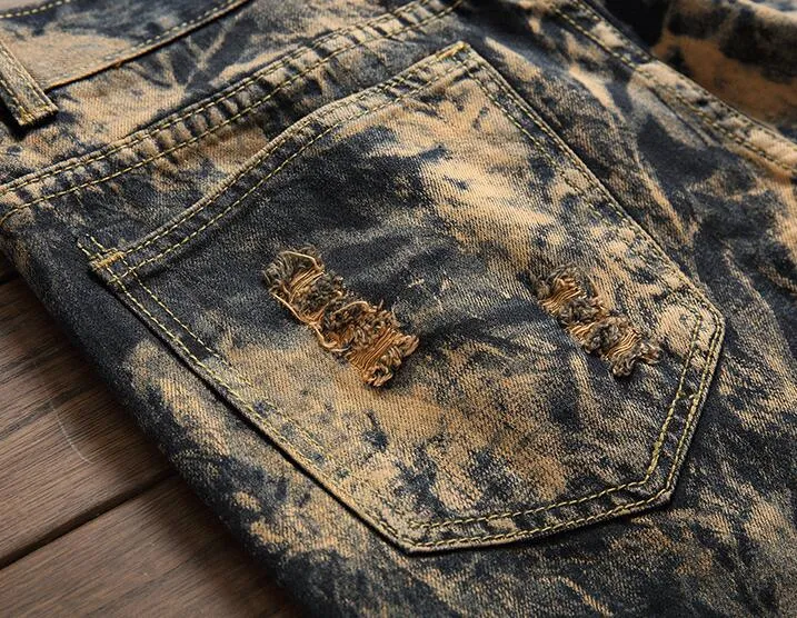 Abstract Wash Light Brown Pattern with Tiger Embroidery Detail Men Jeans