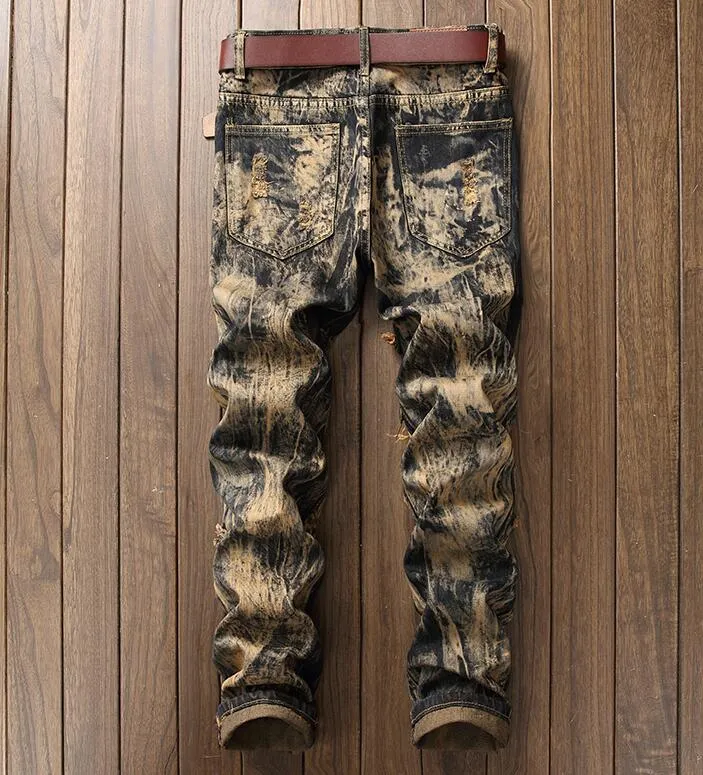 Abstract Wash Light Brown Pattern with Tiger Embroidery Detail Men Jeans