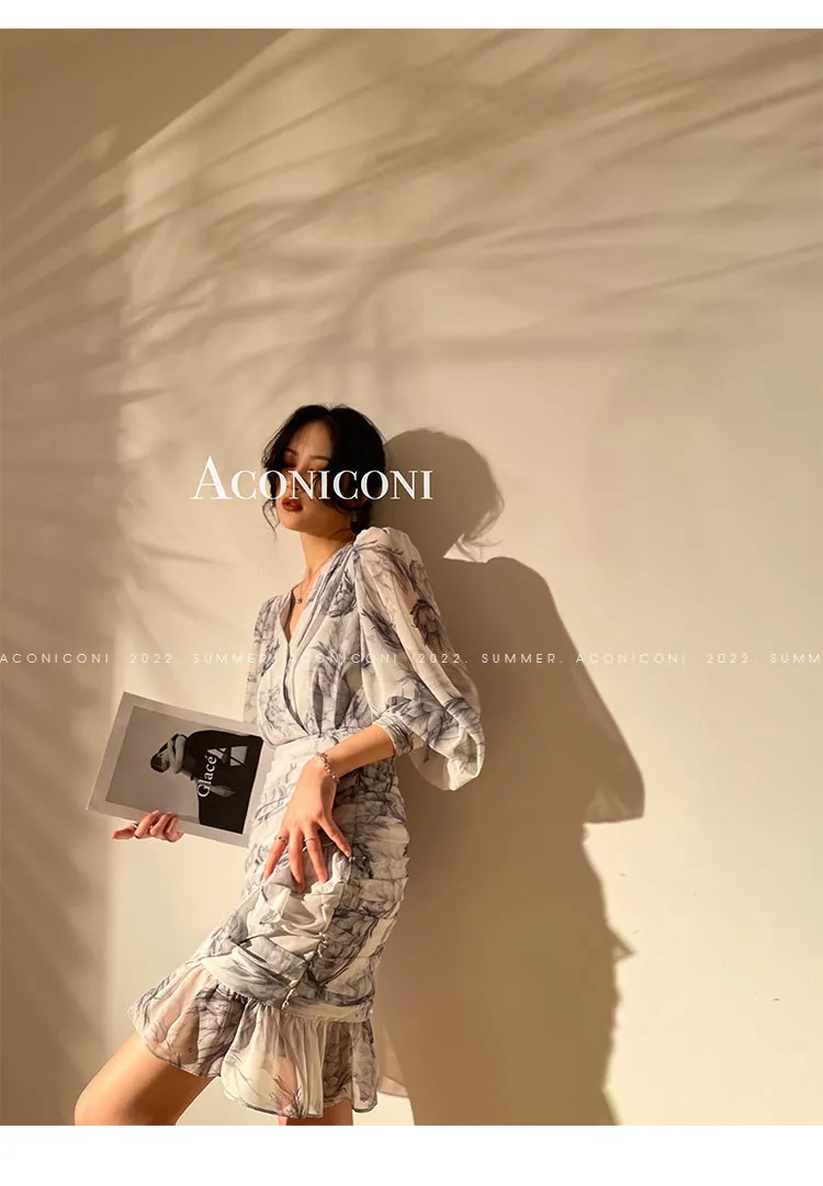 Aconiconi Advanced fixed -dye ink dress French tea break V -neck dress - Yinyu