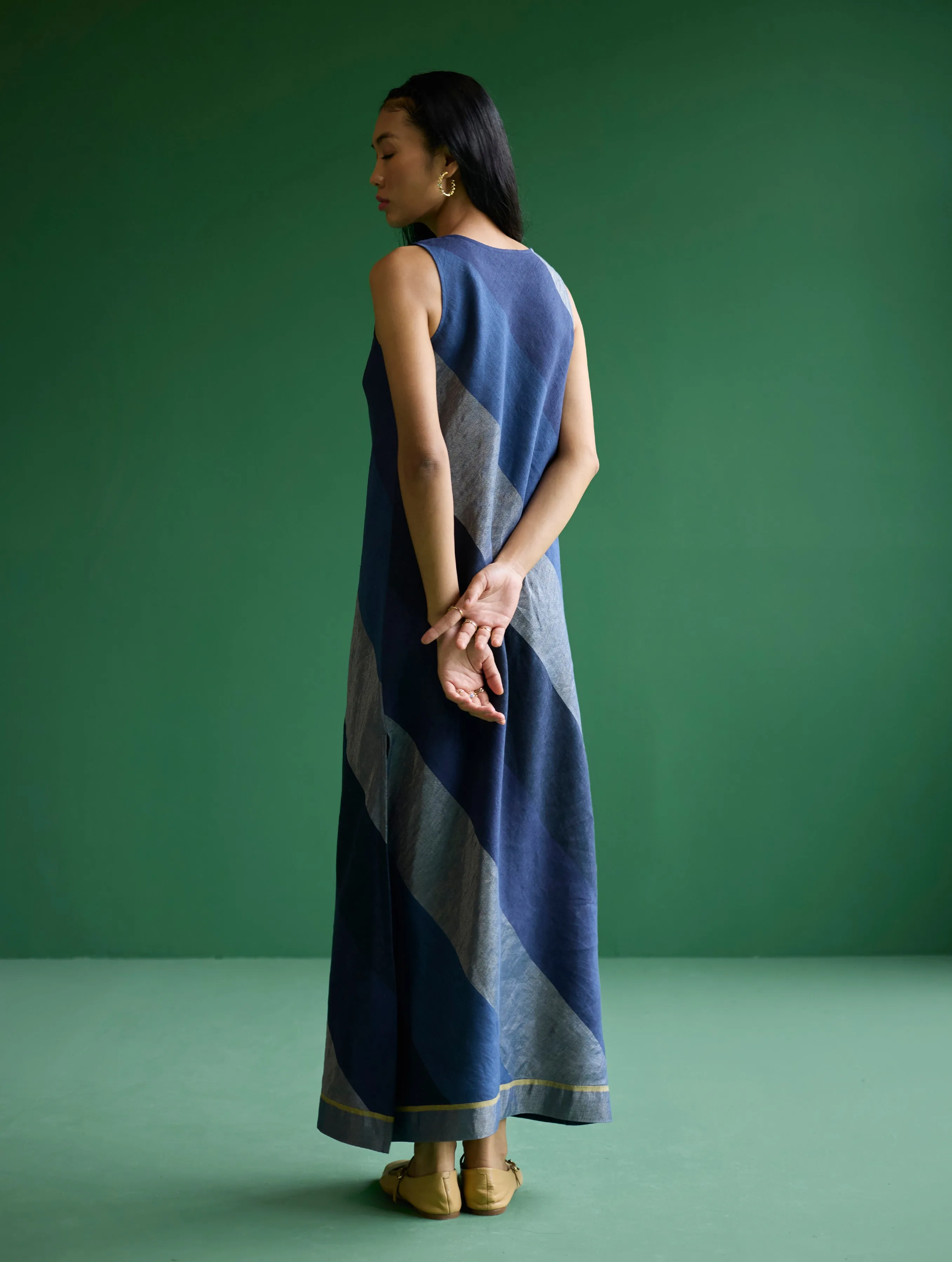 Akito Bias Linen Stripe Dress - Navy