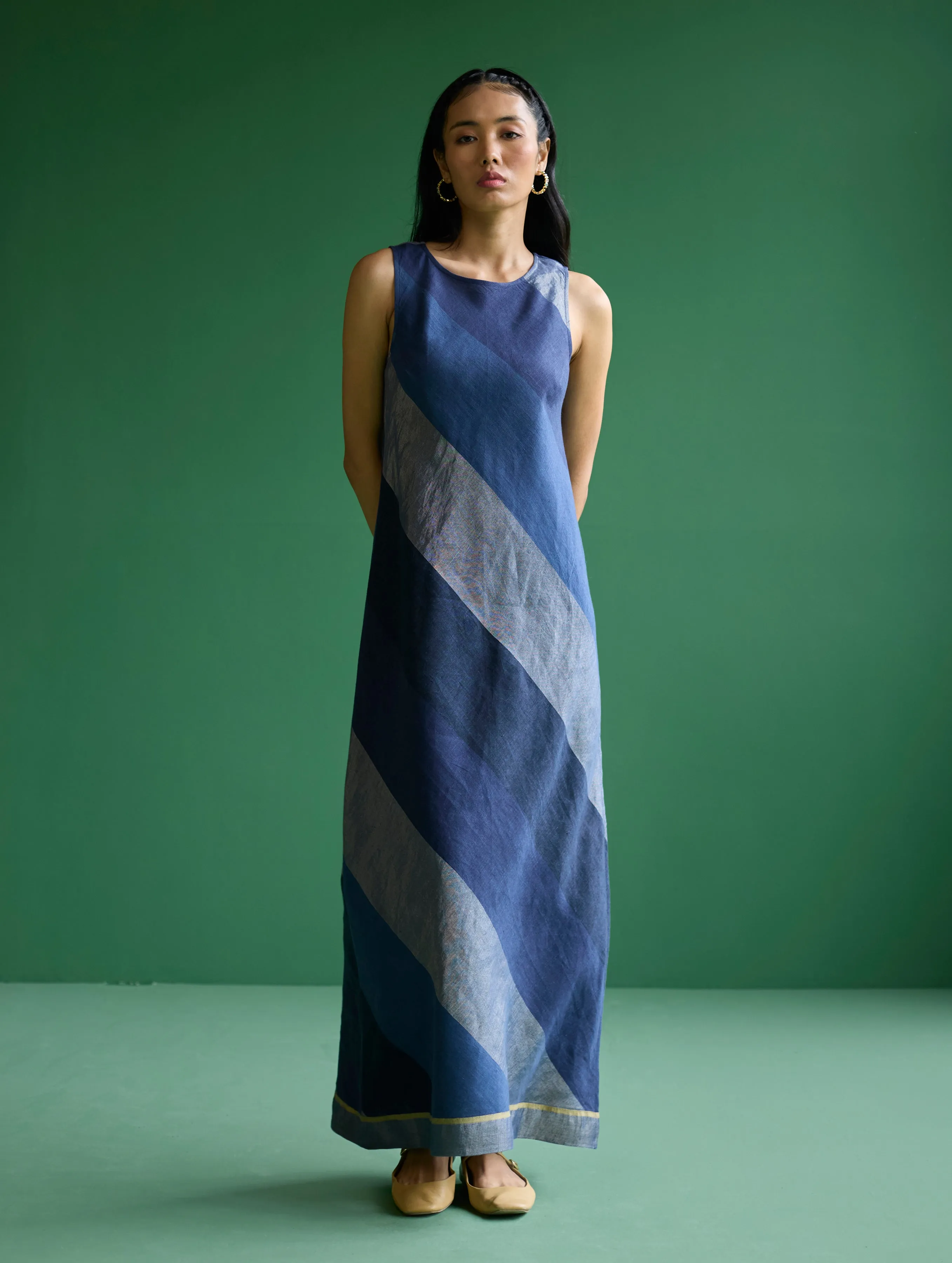 Akito Bias Linen Stripe Dress - Navy