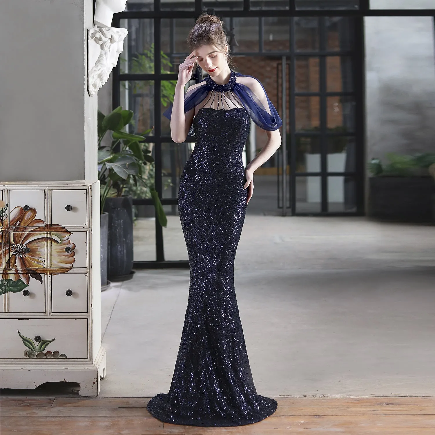 Alcyone-18625-Beaded Mesh Formal Dress