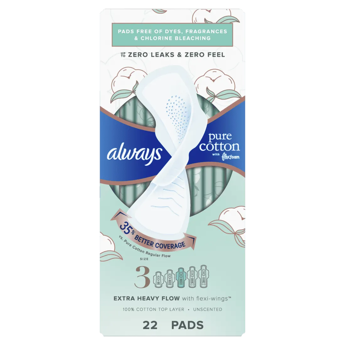 Always Pure Cotton Feminine Pads With WIngs, Size 3, Extra Heavy Absorbency, 22 CT