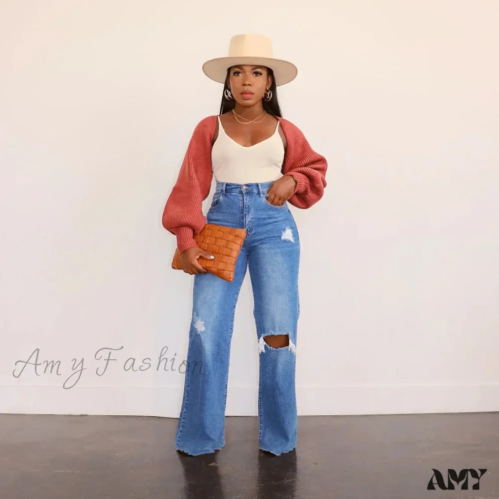 Amy Fashion - Casual High Waist Wide Leg Pants Loose Fashion Women's Street Ripped Plus Size Mom Denim Trousers 2024 Ladies Pants Jean