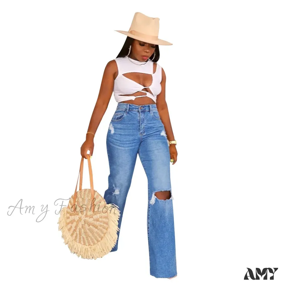 Amy Fashion - Casual High Waist Wide Leg Pants Loose Fashion Women's Street Ripped Plus Size Mom Denim Trousers 2024 Ladies Pants Jean