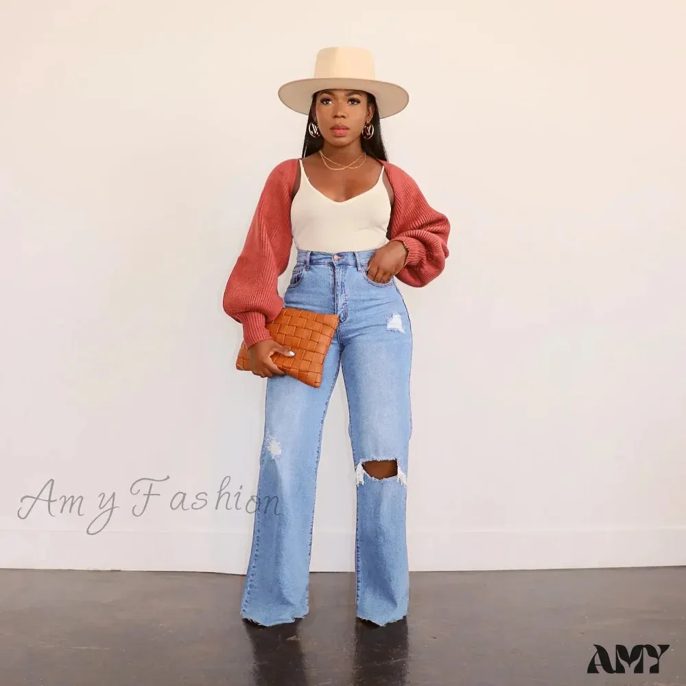 Amy Fashion - Casual High Waist Wide Leg Pants Loose Fashion Women's Street Ripped Plus Size Mom Denim Trousers 2024 Ladies Pants Jean