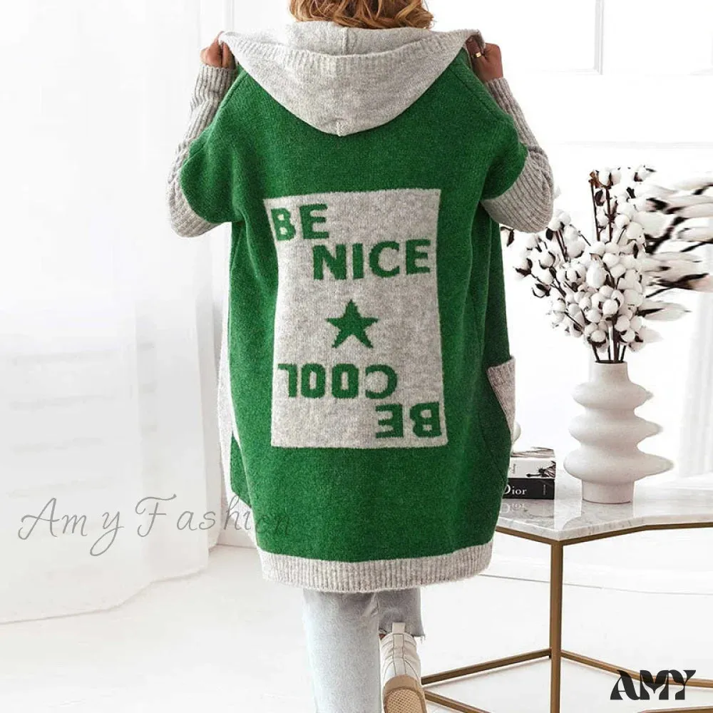 Amy Fashion - Letter Print Winter Warm Jacket Colorblock Hooded Cardigan