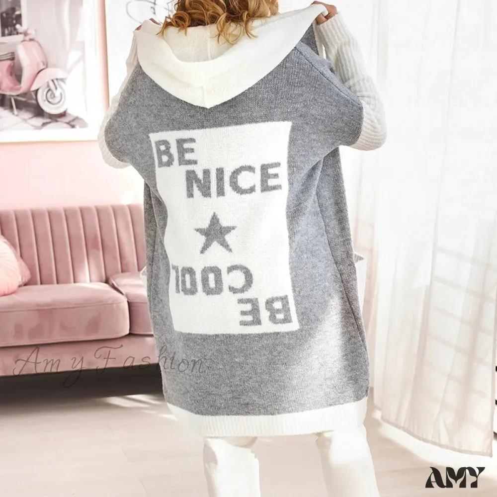 Amy Fashion - Letter Print Winter Warm Jacket Colorblock Hooded Cardigan