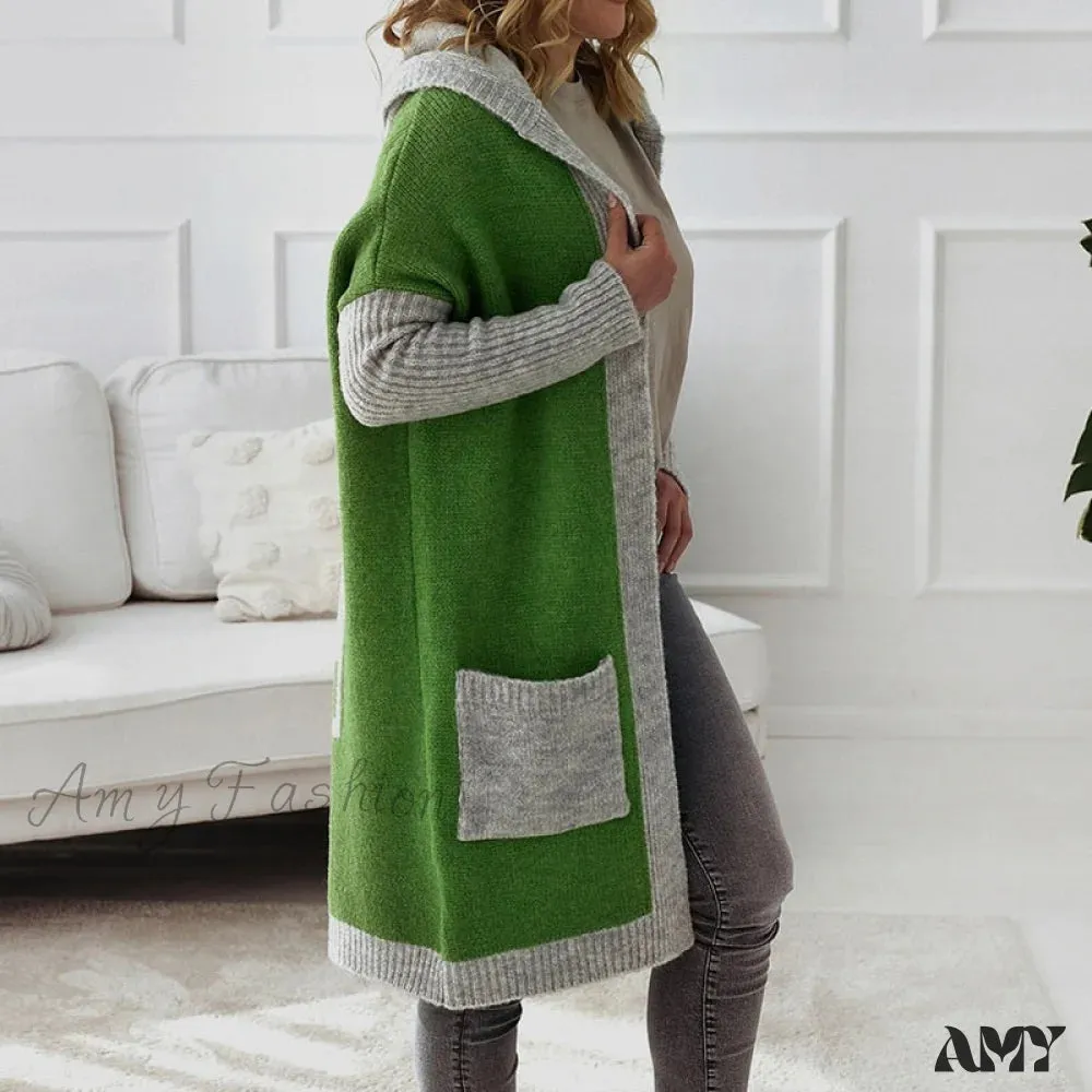 Amy Fashion - Letter Print Winter Warm Jacket Colorblock Hooded Cardigan