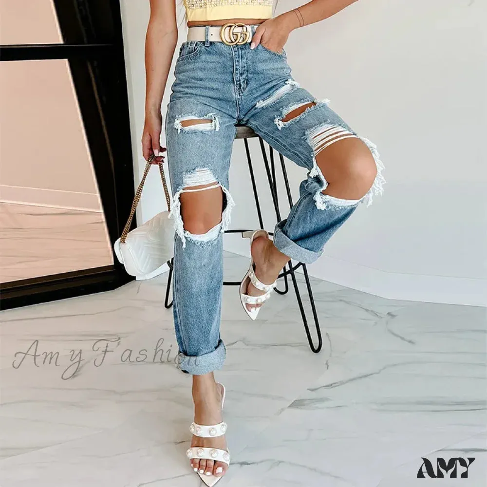 Amy Fashion - Trendy Blue High Waist Ripped Streetwear Casual Denim Jean