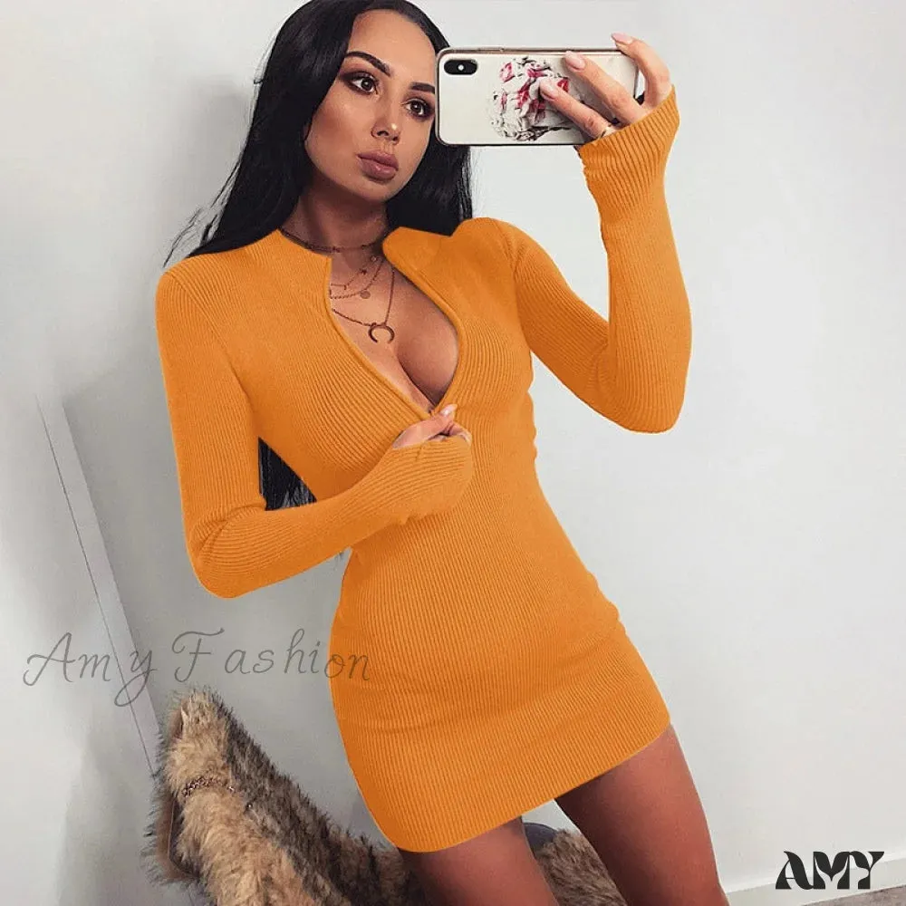 Amy Fashion - Women Winter Fall Bodycon Ribbed Dress