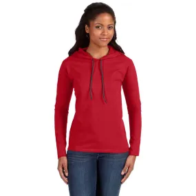 Anvil Women's Red/Dark Grey Long-Sleeve Hooded T-Shirt