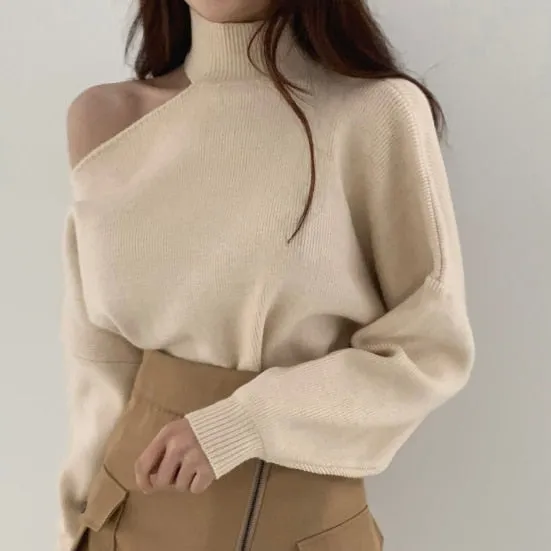 Back to College Joskaa Turtleneck Sweaters Women Autumn Winter 2024 Korean Fashion New Pullovers Halter Strapless Long Sleeve Knitted Jumpers