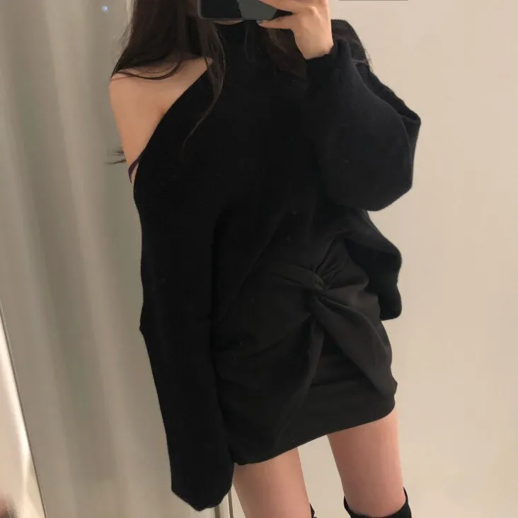 Back to College Joskaa Turtleneck Sweaters Women Autumn Winter 2024 Korean Fashion New Pullovers Halter Strapless Long Sleeve Knitted Jumpers