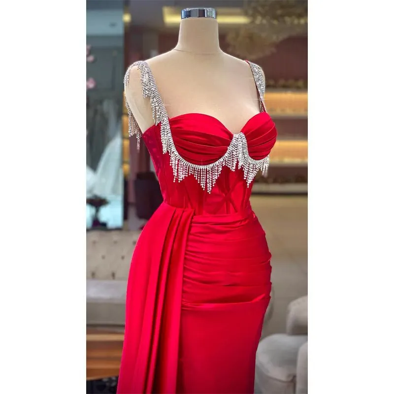 Bead Straps Pleats Red Long Formal Evening Gowns