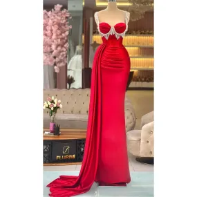 Bead Straps Pleats Red Long Formal Evening Gowns