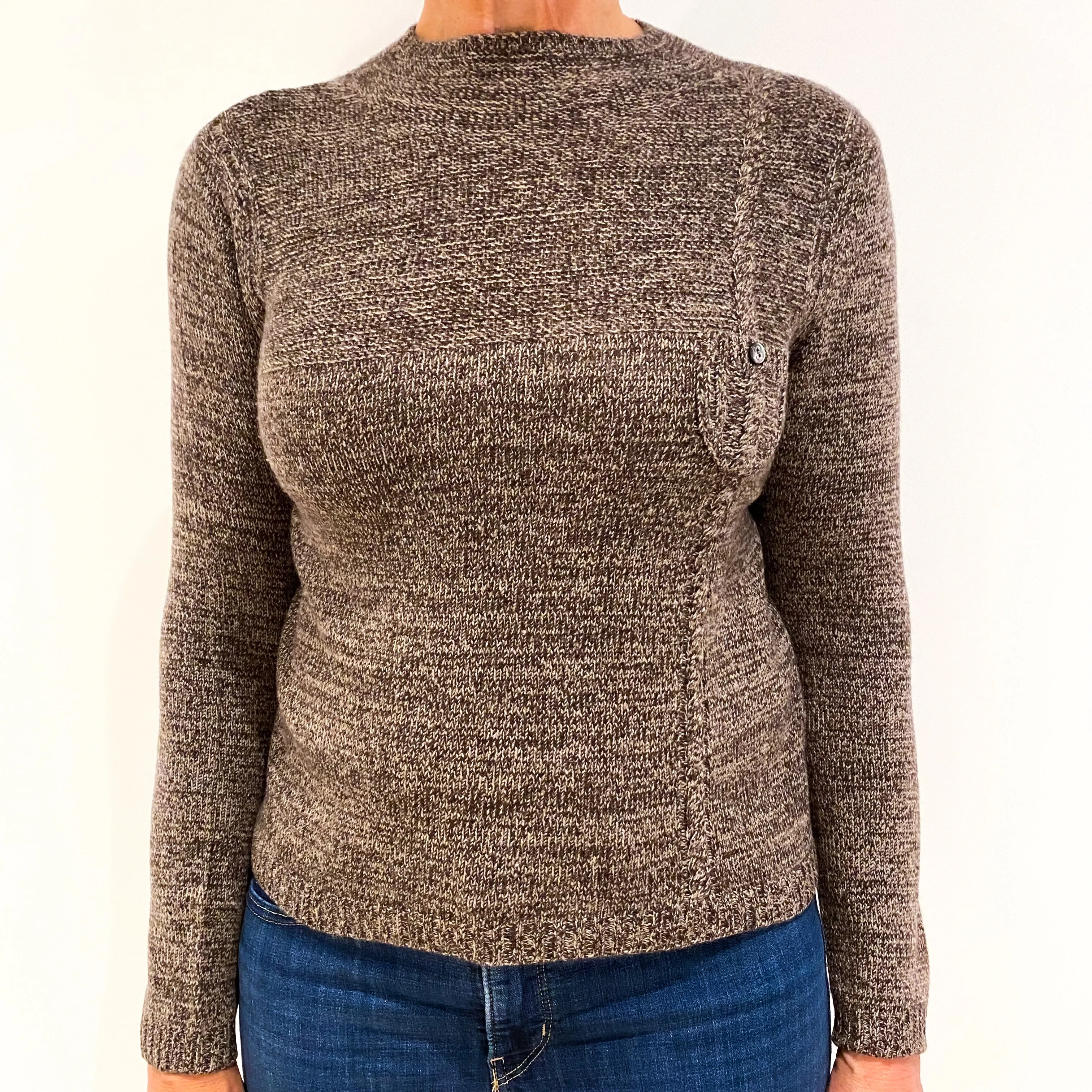 Beige and Brown Marl Cashmere Crew Neck Jumper Medium