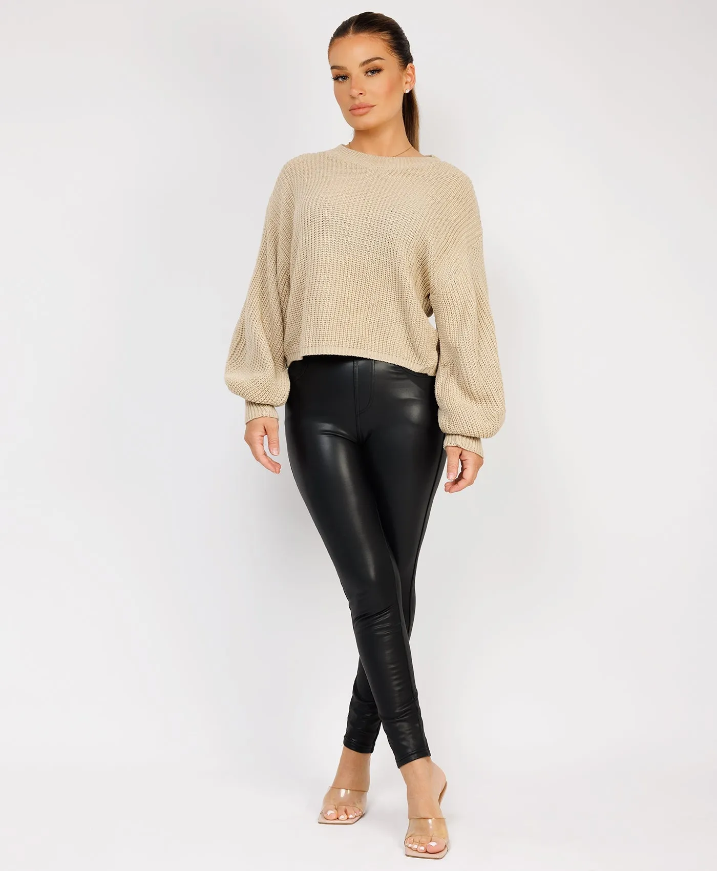 Beige Oversized Lined Knit Balloon Sleeve Jumper