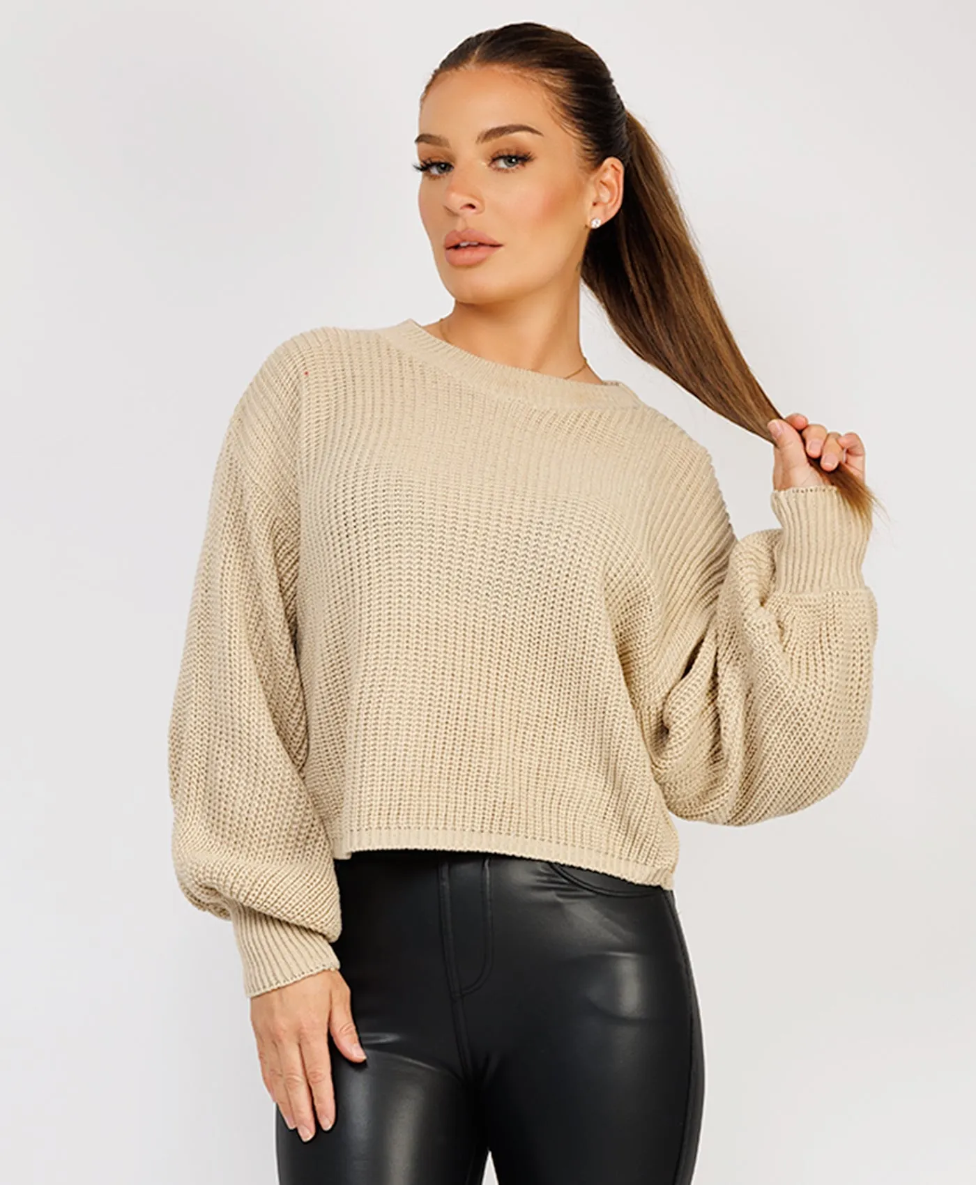 Beige Oversized Lined Knit Balloon Sleeve Jumper