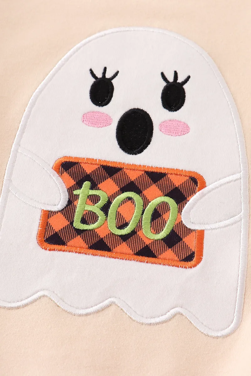 Beige plaid ghost applique girl top