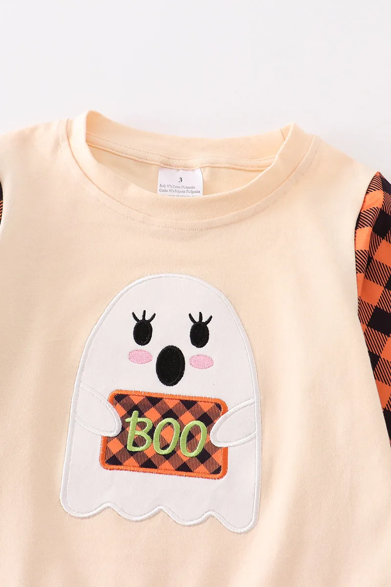 Beige plaid ghost applique girl top