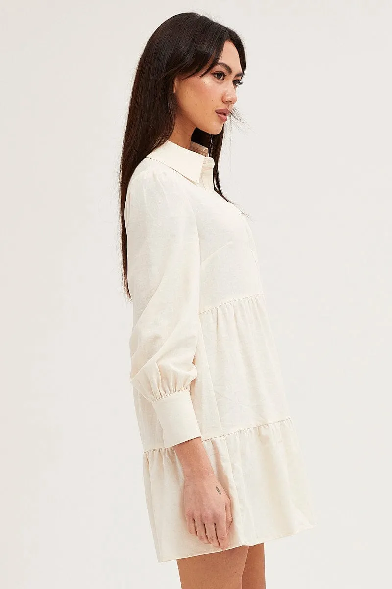 Beige Shirt Dress Long Sleeve Button Front