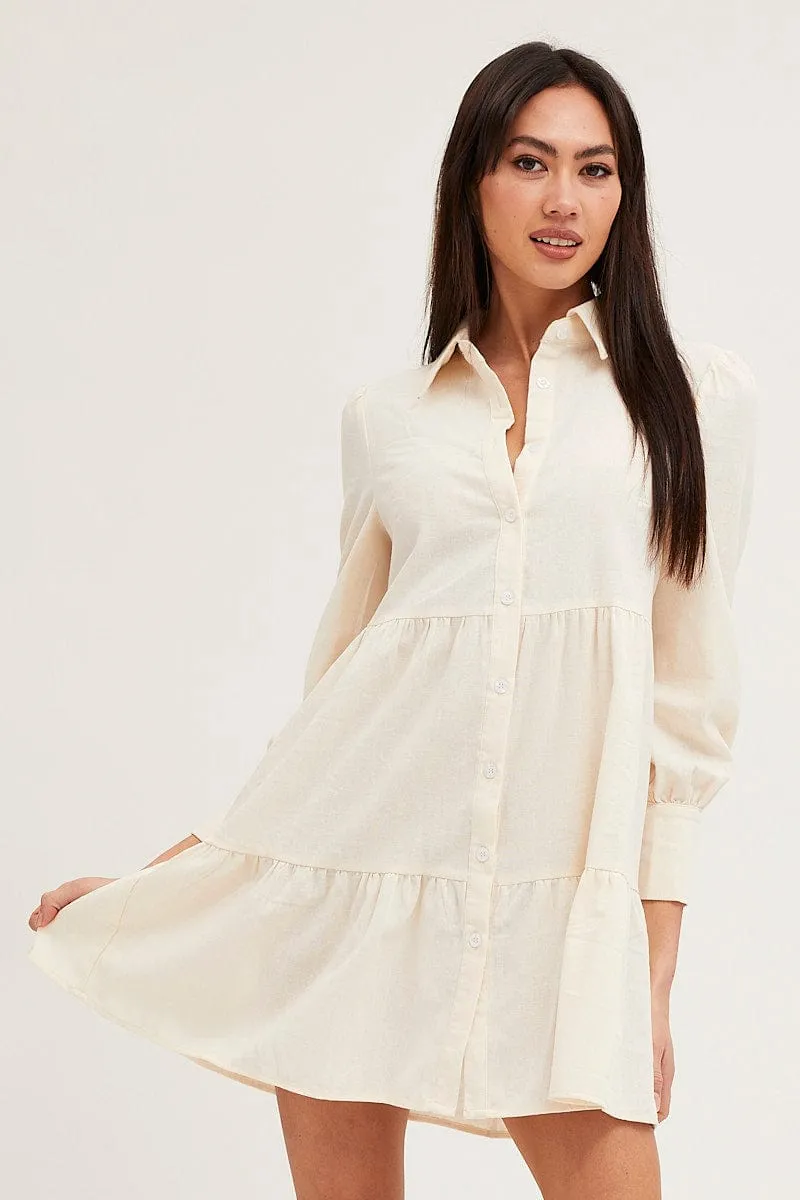 Beige Shirt Dress Long Sleeve Button Front