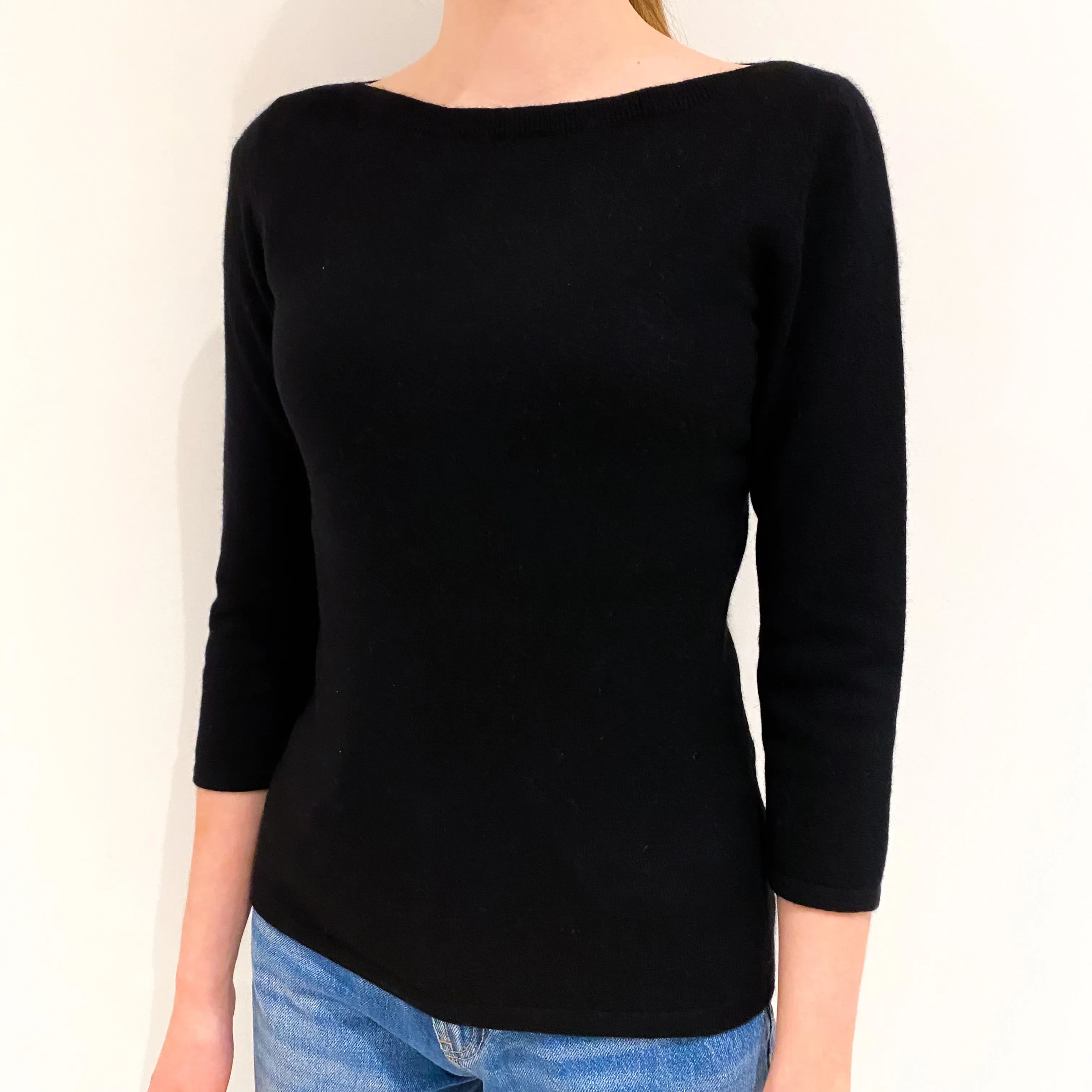 Black 3/4 Sleeved Cashmere Slash Neck Jumper Extra Small