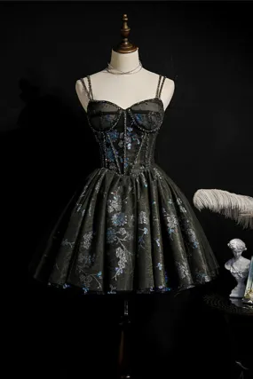 Black Corset Blue Flower Sequin Party Dress