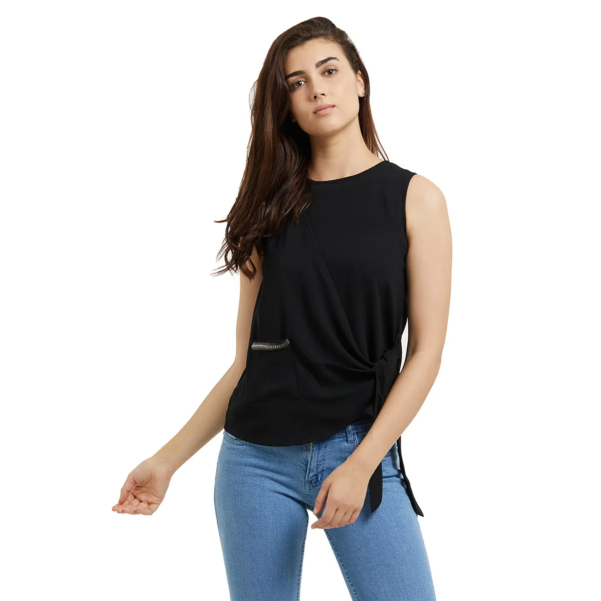 Black Woven Sleevless Top with Side Tie-up