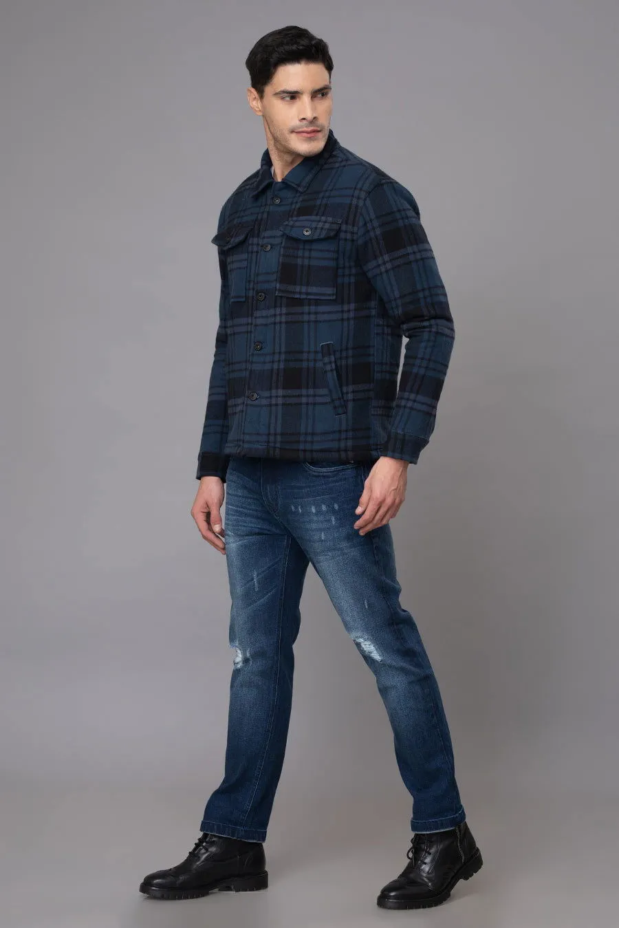 BLUE BLACK CHECKS FUR JACKET