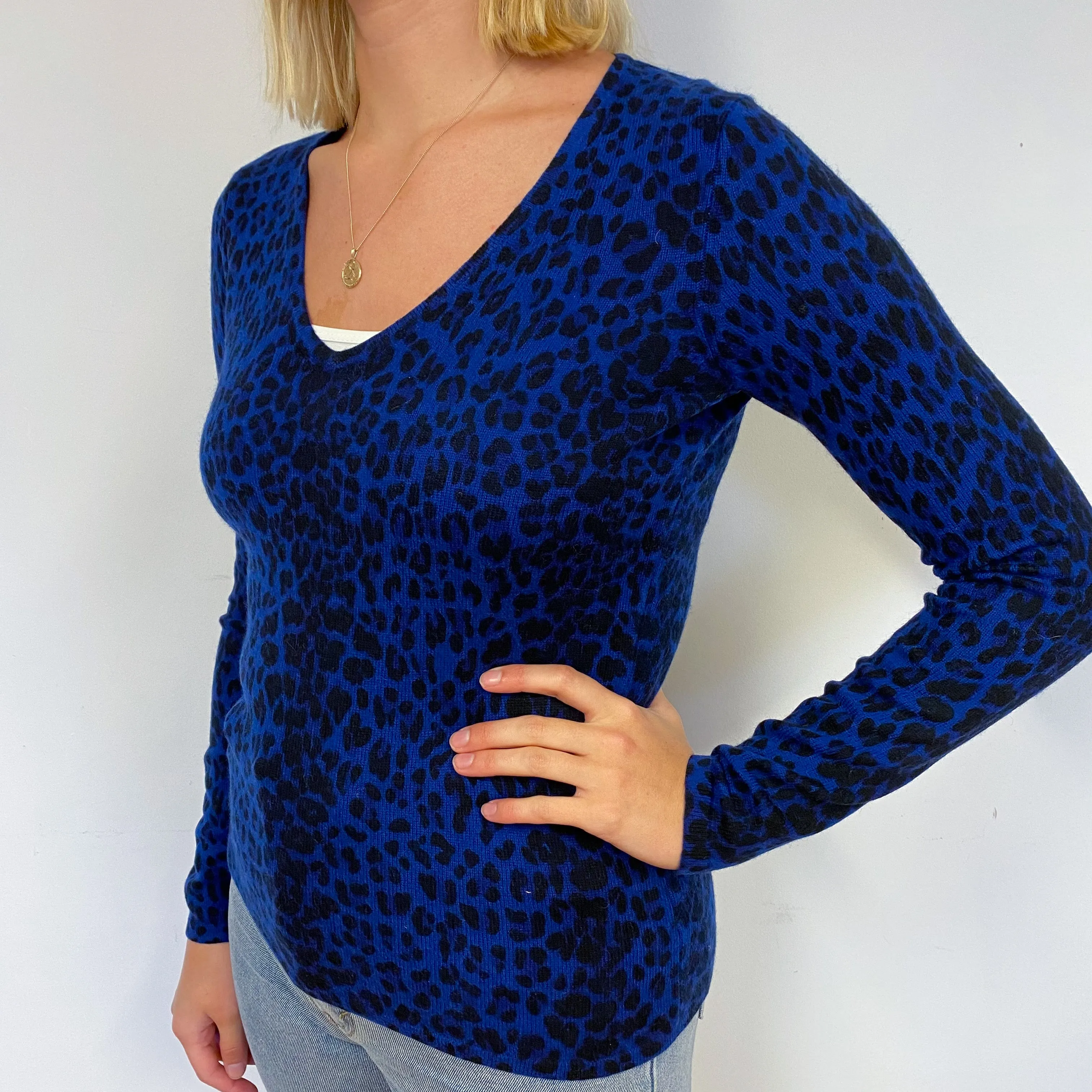 Blue Black Leopard Cashmere V-Neck Jumper Small