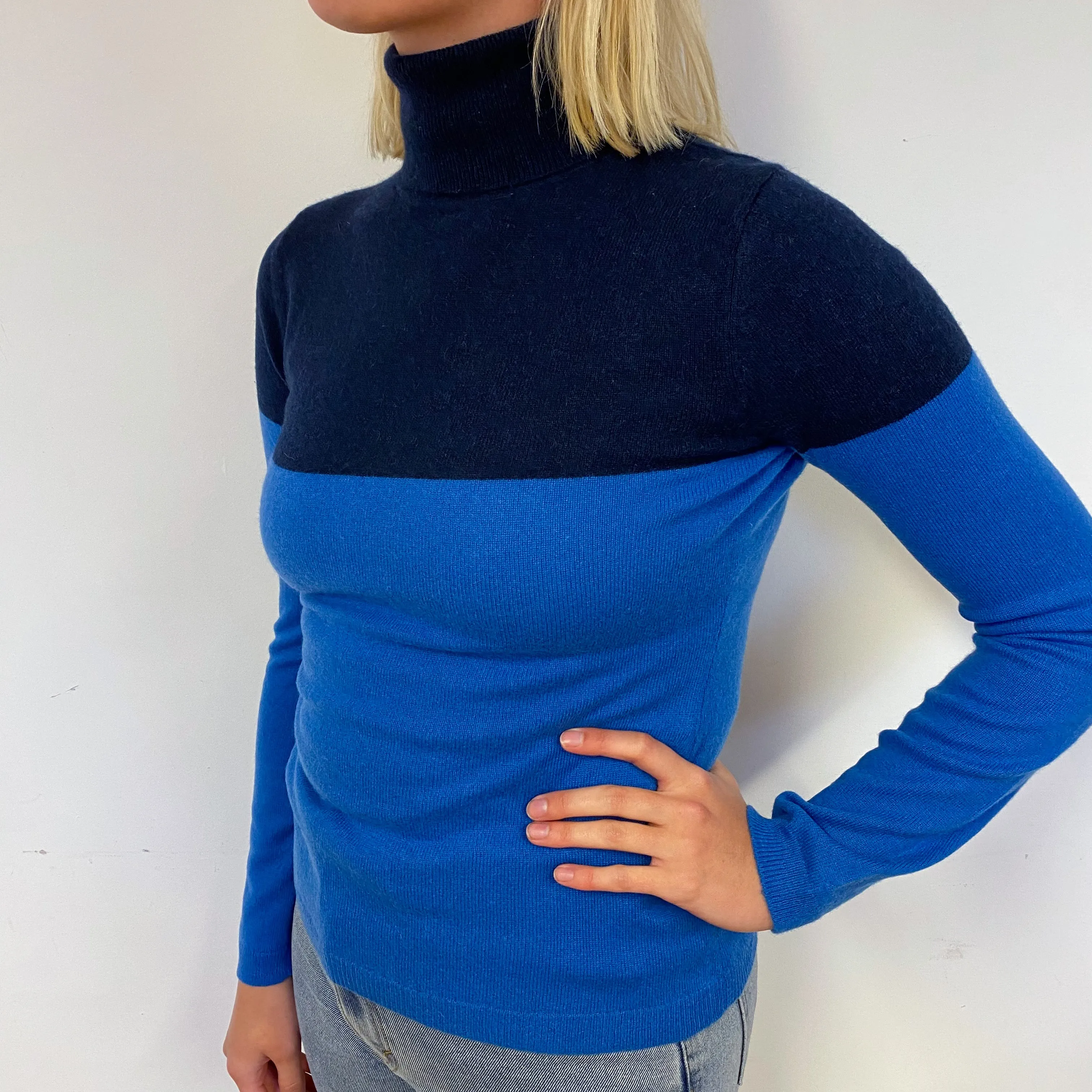 Blue Colour Block Cashmere Polo Neck Jumper Small