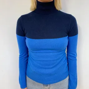 Blue Colour Block Cashmere Polo Neck Jumper Small